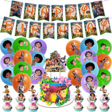 Kit de fête d'anniversaire sur le thème d'Encanto, comprenant des banderoles « Joyeux anniversaire », des décorations pour cupcakes, des ballons