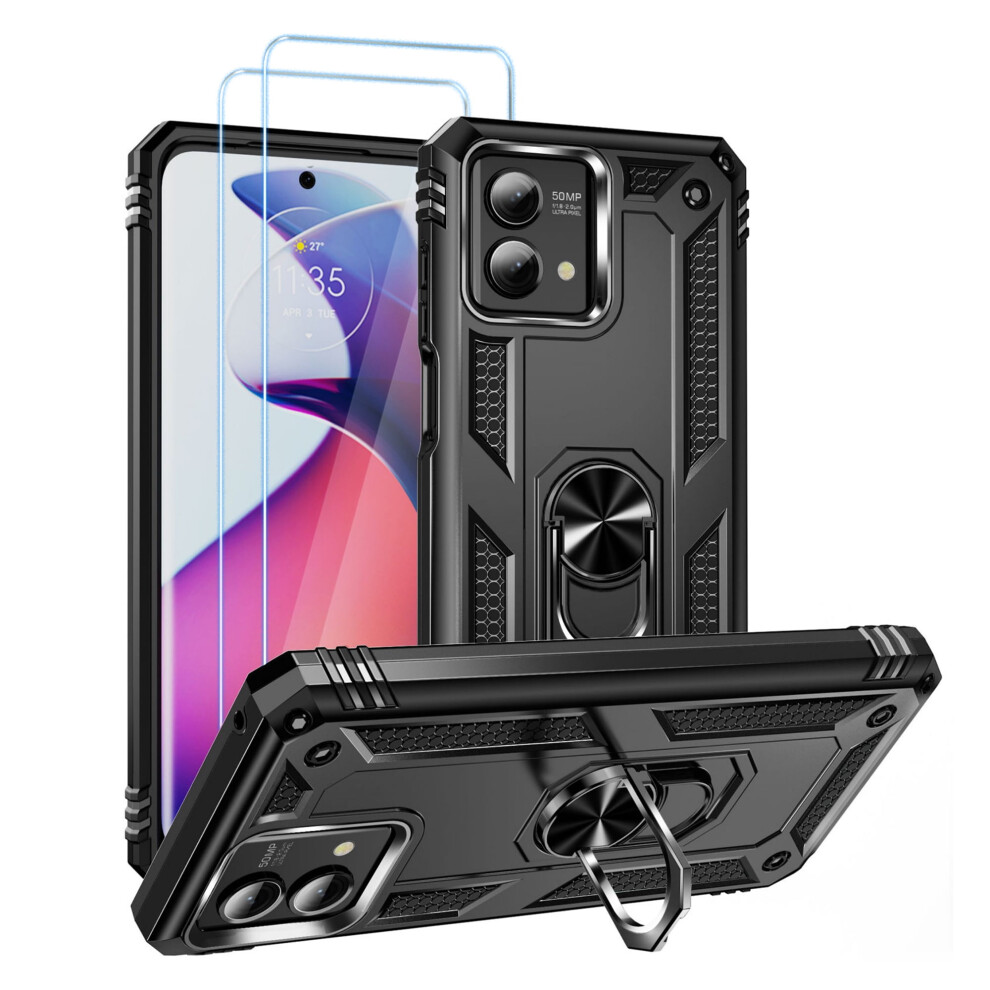 Moto G Stylus 2023 5G Case With Screen Protector, Military-Grade Shockproof Cover With 360 Rotating Kickstand - Black 974856490714