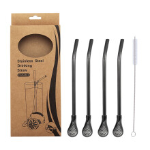 Stainless Steel Straw Spoon Set - 4 Reusable Drinking Spoon Straws with Cleaner Brush - Perfect for Milk Tea, Juices, and Coffee