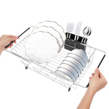 Expandable Sink Dish Drying Rack Space Saving Over Sink Dish Rack with Nonslip Rubber Arm and Utensil Holder for Home Kitchen Countertop