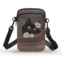 Doppellagige Umhängetasche für Erwachsene, schwarze Katze, Gänseblümchen, Polyester, Outdoor, Reisen, Alltag, 4,33 x 1,97 x 7,09 cm, 2 Lagen