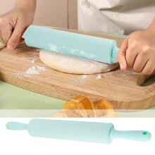 18in Silicone Rolling Pin for Baking Non-stick Dough Roller Wooden Handle