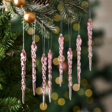 12pcs Transparent Icicle Pendants for Christmas Tree, Mantel & Window – Pink, Thread-Hung, Festive Decor