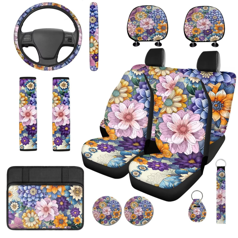 Flower Car Seat Covers Set (14Pcs) W/ Headrest Covers, Seat Belt Pads, Steering Wheel Cover, Console Cover & Keychain Â Compatible With Purple 9426043667207