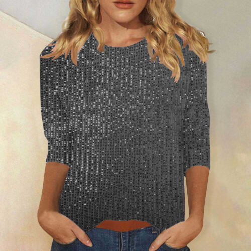 Camicetta da donna con paillettes, scollo rotondo, maniche a 3/4