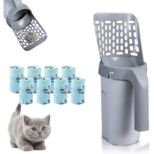 Meowbud Poop Scooper & Litter Scoop with Holder, Built-in Bag Attachment, 2-in-1 No-Touch Design (8 Pcs), Compatible with Meowbud
