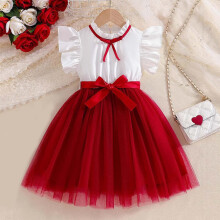 Girls Fashion Dress Fly Sleeves Bow Mesh Skirt Belt