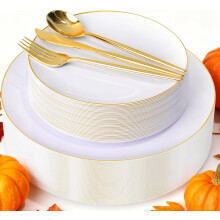 White and Gold Plastic Plates and Silverware Set for 30