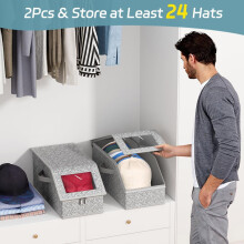 Stackable Hat Storage for Baseball Caps, Holds up to 24 Caps Hat Organizer for Closet, Sturdy Snapback Boxes for Men with Cardboard, Grey