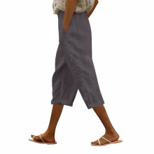 Women's Flowy Wide-Leg Linen-Cotton Palazzo Pants with Pockets, Gray, S-2XL