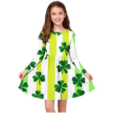 Girls St Patrick's Day Dress Long Sleeve Round Neck with Holiday Print Casual Festive Style for Ballet Practice