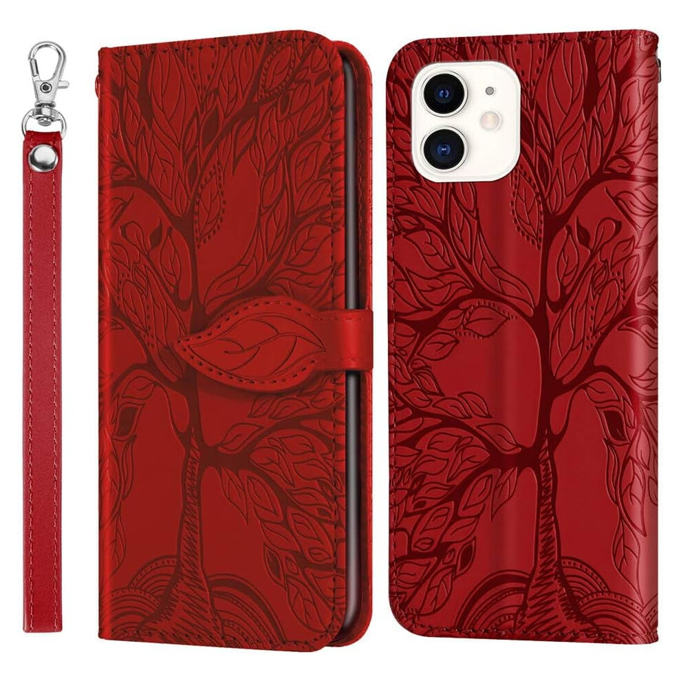 Leather Flip Wallet Case For Iphone 11 (6.1") Â Magnetic, Shockproof, Wrist Strap, Kickstand, Card Holder, Life Tree Red 9405492441859