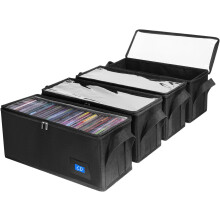 4-Pack Black CD Case Holder with Handles, Clear Lid & Label Slots – Portable Media Storage Box