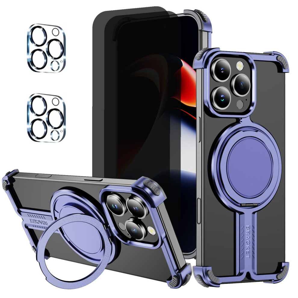 Compatible With Iphone 16E & Se4: Frameless Metal Case + Privacy Screen Protectors + Camera Lens Protectors + 360 Kickstand, Slim Shockproof Bumper 9405492442269