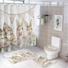 4-Pc Vintage Easter Pink Rabbit Shower Set with Rug, Farmhouse Bathroom Decor, 72"x72", Compatible with Standard Showers