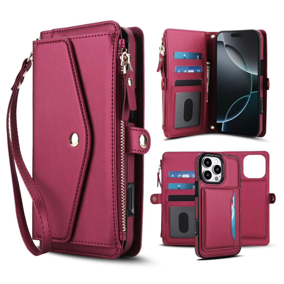 Detachable Wallet Case For Iphone 16 Pro, Magnetic Leather 2-In-1 With Card Slots, Magsafe-Compatible, Shockproof, Red 9097180857990
