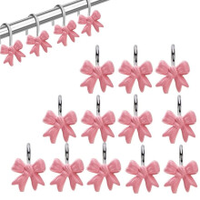 Pink Bow Knot Shower Curtain Hooks,12pcs Decorative Cute Bow Knot Shower Curtain Hooks,Portable Bathroom Decor for Home,Living Room