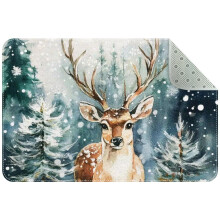 Watercolor Winter Forest Deer Rug – Non-Slip, Washable Indoor Mat for Kitchen, Bedroom, Living Room, Entrance – Compatible with Hard Floors