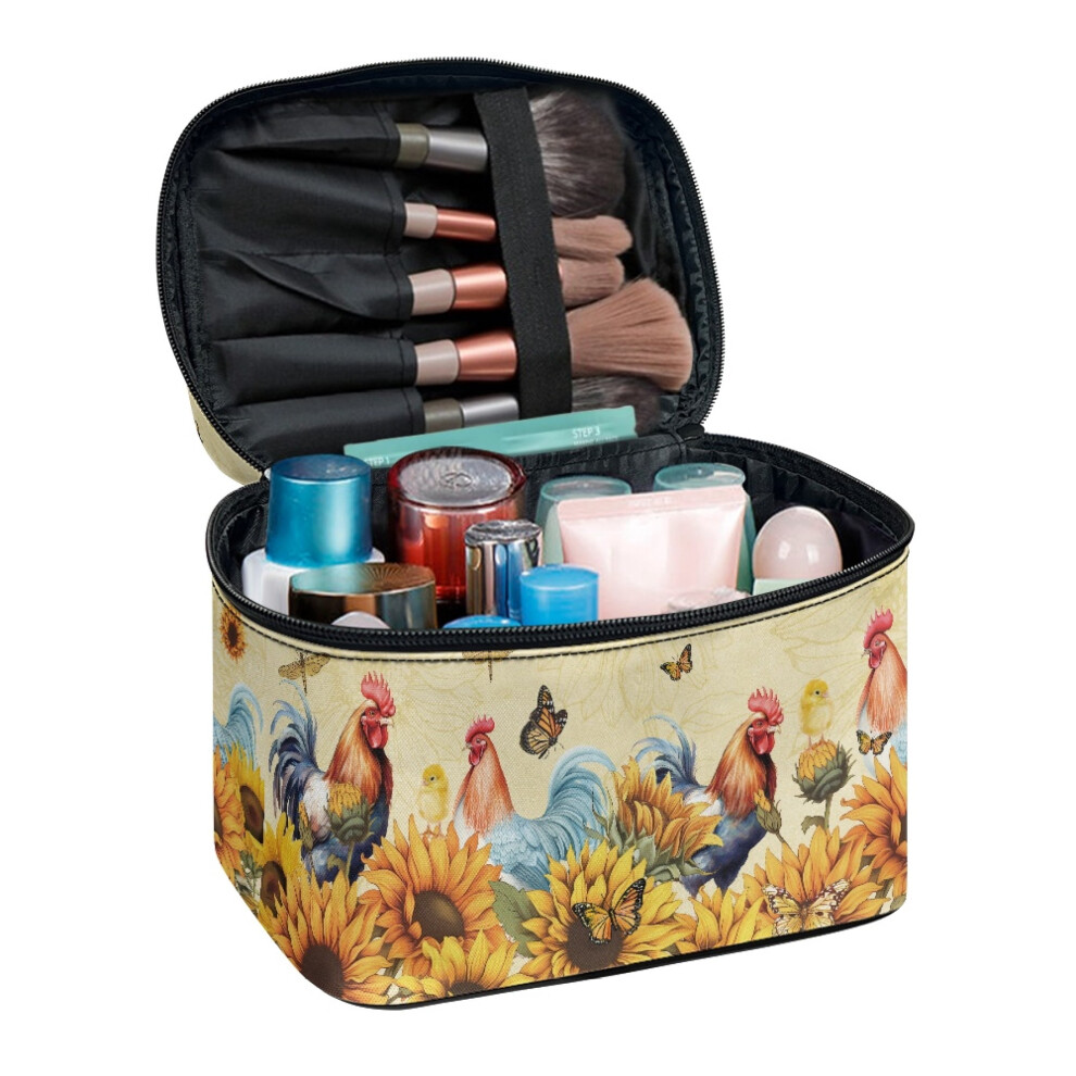 Makeup Bag Organizer Zipper Storage Bag With Brush Storage Make up Organizer Traveling, Sunflower Rooster