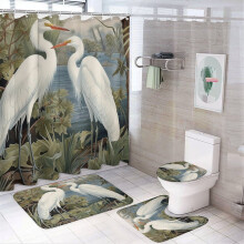 White Heron Birds of America 4-Pc Shower Curtain Set w/ Rug, Toilet Cover & U-Shaped Mat – Waterproof Wildlife Pattern