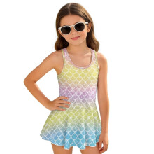 Kids Swimsuits for Girls Rainbow Mermaid Scale Modest Bathing Suit Swimwear One Piece Beach Swim Dress Summer Vacation, Size 10-11
