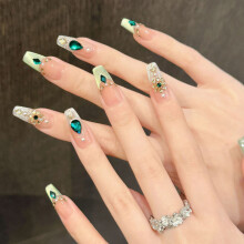 (2854) 10PCS Green Cat Eye Fake Nails for Girls
