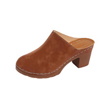 Brown Womens Slip On Clog Mules Block Heel Round Toe Faux Leather Upper Cushioned Footbed Casual Office Wear Size 6