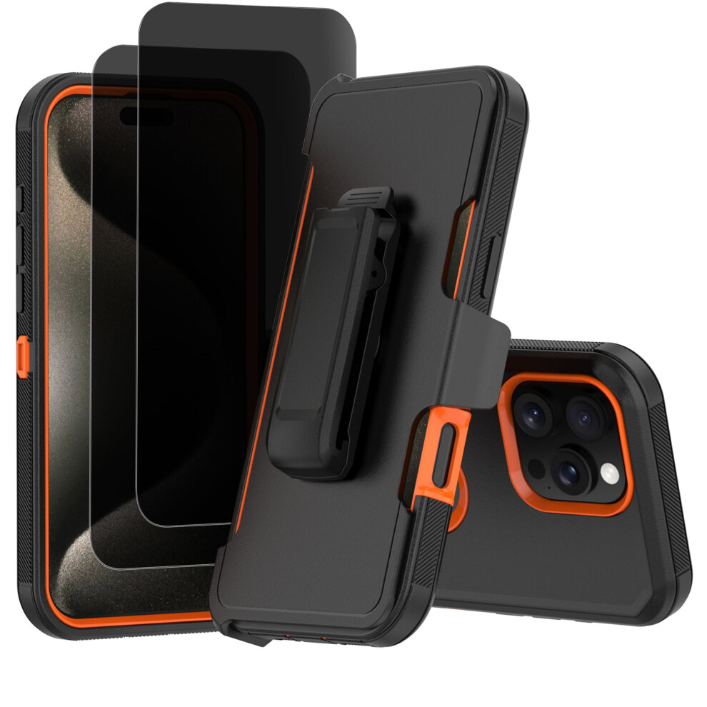Heavy Duty Shockproof Case For Iphone 16 Pro Max Â Dustproof, Privacy Screen Protector, Tempered Glass & Belt Clip Â Black/Orange 9405492443662