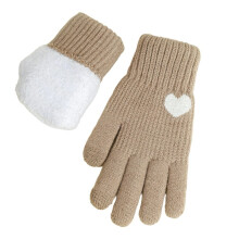 Khaki Ladies Winter Gloves With Jacquard Knit Love Heart Design Touchscreen For Warmth Polyester Material One Size Comfort Fit