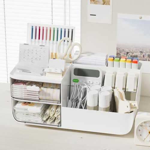 Desk Organizer with 2 Drawers and 8 Compartments White 1