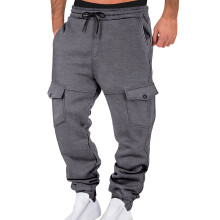 SYMOID Men's Dark Gray Cargo Pants (S) – Polyester Joggers, Drawstring Waist, Cuffed Ankles, Multi Pockets, Durable Casual Wear
