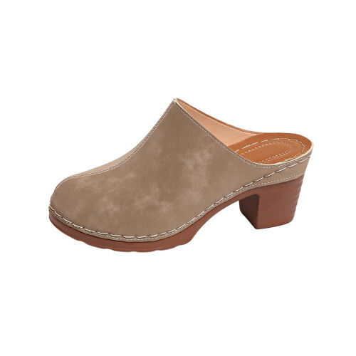 Χακί Γυναικεία Ψηλοτάκουνα Mules Casual Κλειστά Δάχτυλα Slip-on Τακούνι με Μπλόκ
