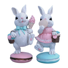 Pack de 2 esculturas de conejito de Pascua, lindas estatuas para interiores y exteriores con bases de macaron – Decoración de primavera para