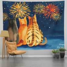 Black Orange Cat Seaside Fireworks Tapestry Wall Art, Coastal Night Festival Decor for Bedroom, Living Room, Dorm – 60x50in