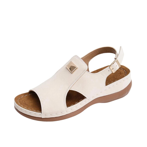 Μπεζ γυναικεία σανδάλια με πλατφόρμες, casual, fish mouth, χοντρή σόλα, slip-on, άνετο