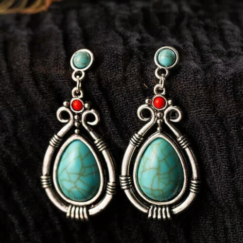 Vintage 925 Silver Turquoise Drop Earrings Green A Pair