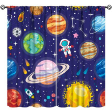 Záclony Galaxy Space s potiskem astronautů, planet a hvězd – závěsy s kapsami do dětských pokojů a obývacích pokojů o rozměrech 84x84
