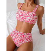Ensemble bikini rembourré à petits motifs floraux pour femme – Soutien-gorge de bain à bretelles réglables et culotte assortie, maillot de bain