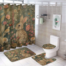 4-Pc Shower Curtain Set w/ Rug, Toilet Lid Cover & Non-Slip U-Shaped Mat – Rabbit Floral Design, Waterproof, Bathroom Decor – Compatible with