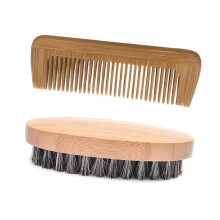 Men Boar Hair Bristle Beard Mustache Brush Military Hard Round Wood And Comb-Brown-11*4*3cm