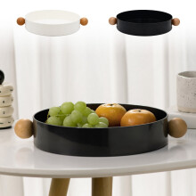 Plateau rond 12,91 x 12,91 x 2,05 pouces, plateau rond en plastique avec poignée en bois massif, plateau de rangement noir pour fruits et légumes
