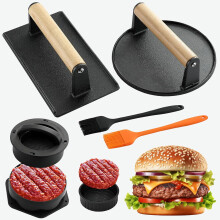 4-in-1 Smash Burger Press Kit with 2 Cast Iron Presses & Sauce Brushes – Non-Stick, Compatible with Grill/Griddle