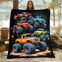 Monster Truck Blanket Heavy-Duty Design, Soft Warm Flannel Fabric All-Season Bedspread for Boys Bedroom, Living Room, Camping, Travel Gift