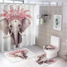 4-Pc Shower Curtain Set with Non-Slip Rugs, Baby Pink Elephant Print, Toilet Lid Cover & Bath Mat – 72"x72", Farmhouse Watercolor Animal Design