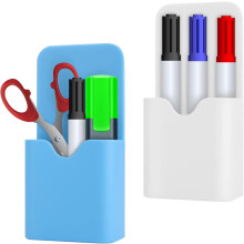 Magnetic Pencil Holder, Plastic Marker Holder for Whiteboard, Refrigerator and Locker Accessories (2 Pack, Blue & White)
