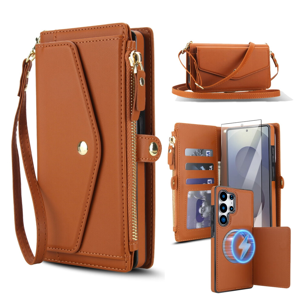 Crossbody Wallet Compatible With Samsung Galaxy A54 5G, Magsafe, Rfid Blocking, Pu Leather, Wrist Strap & Zipper Card Slots Â Brown 9044386941909