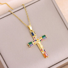 New Vintage Bohemian Style Colorful Zircon Cross Pendant Necklace - Trendy Titanium Steel Necklace for Women