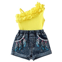 Kids Girls Summer Outfit Set Yellow One Shoulder Ruffle Top & High Waist Denim Shorts Two Piece Playwear 2-9 Years Elastic Waist Rolled Hem,Size 3-4T
