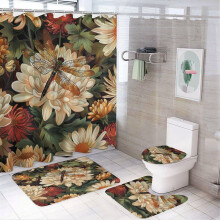 4-Pc Shower Curtain Set w/ Dragonflies, Flowers & Leaves, Non-Slip Rug, Toilet Cover & Bath Mat – Farmhouse Garden Theme