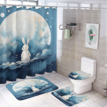 Cartoon Rabbit & Moon 4-Pc Shower Curtain Set, Waterproof, Bath Mat, U-Shaped Floor Mat, Toilet Lid Cover, Oval Rug – Easter Decor, Compatible with